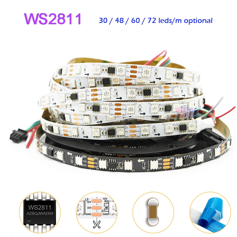

12V 24V 5m addressable WS2811 LED Strip 30/48/60/72leds/m Smart 5050 RGB pixel Lights Bar External IC IP30/65/67 flexible Tape
