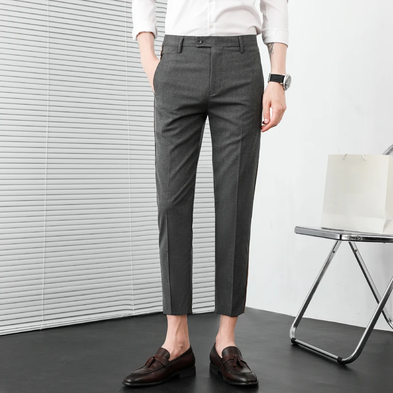 Men Casual Slim Ankle Length Trousers Side Webbing Line Men Dress