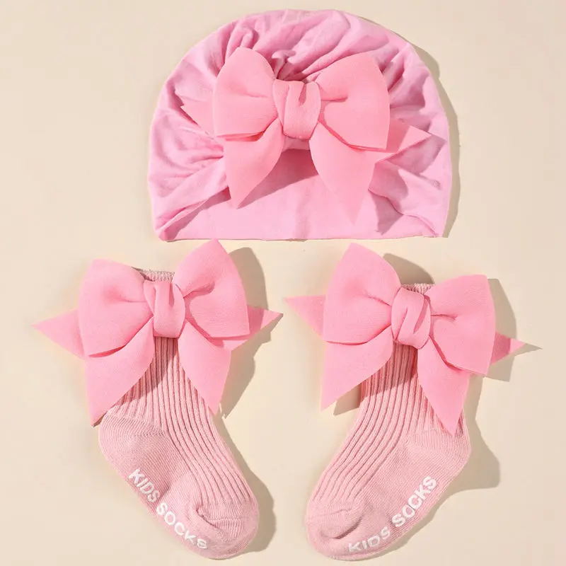 2pcs/set Baby Bow Hat with Socks Suit Newborn Boys and Girls Socks Cap Set Short Tube Sock+ Turban Hat for Autumn Spring H446 5