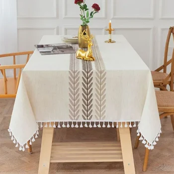 Tovaglie rustiche con ricamo in cotone e lino, con foglie di caffè, modello rettangolare, impermeabile, per l'arredamento del soggiorno della cucina 1