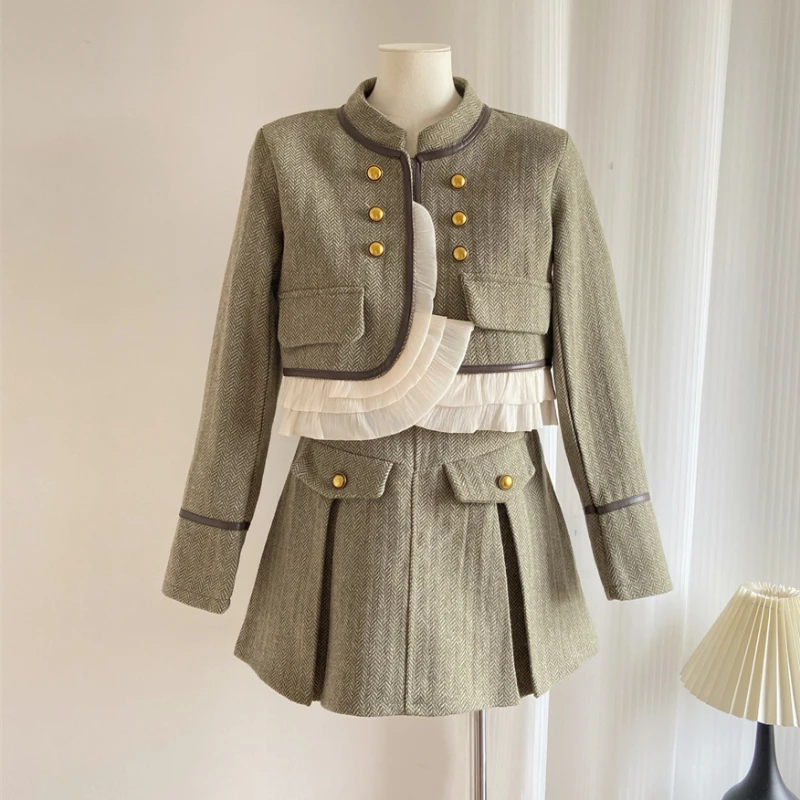 

High Quality Autumn High Waist Skirt Sets Outfits Formal Double Breasted Korean Womens Office Ladies Jacket Suit Two Piece Sets
