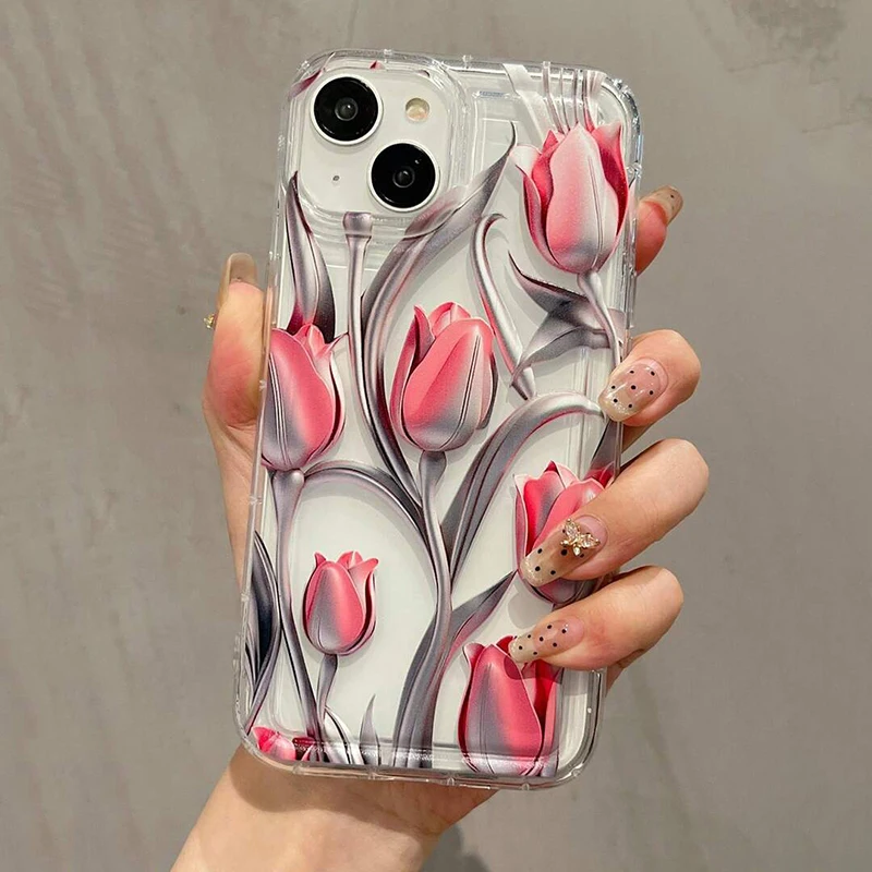Metal Tulip Pattern Airbag Phone Case - Elegant Protective Cover