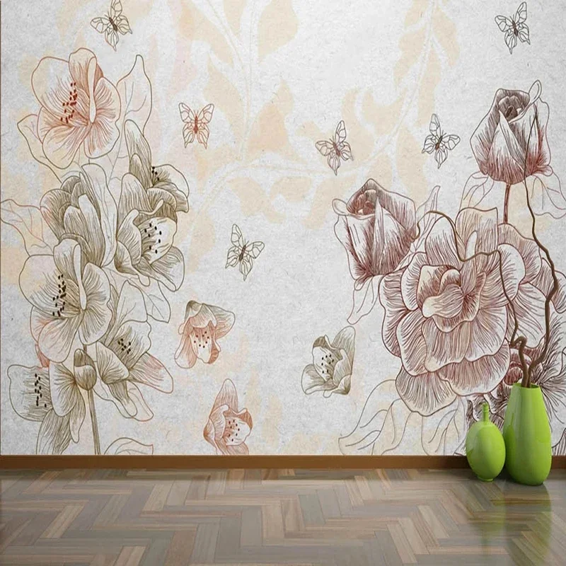 Custom 3D Papel De Parede Mural Wallpaper Modern Hand-Painted Line Rose Background Decorative Painting Home Décor Living Room