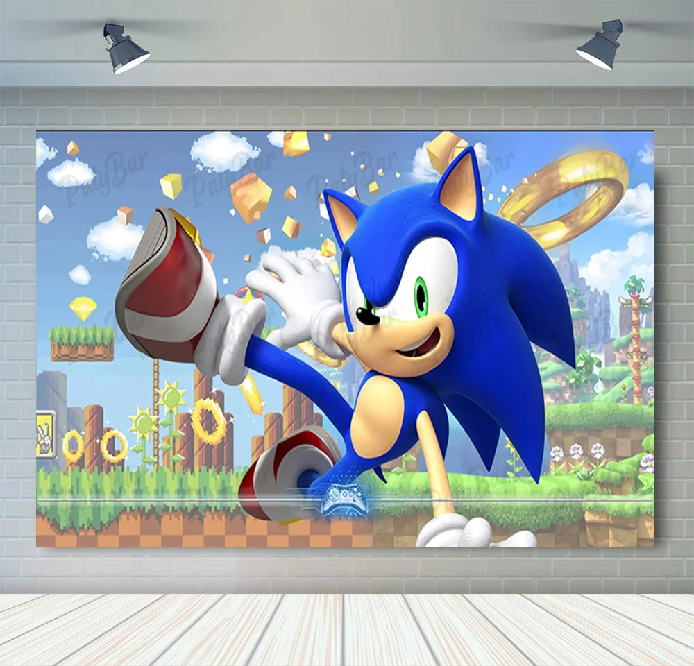 thumbnail image 1 of Fondo de fotografía de Sonic, el erizo de velocidad, héroe corredor, fondo de fotografía de dibujos animados para cumpleaños de niños, accesorios de vinilo de poliéster rojo y azul, 1 of 5