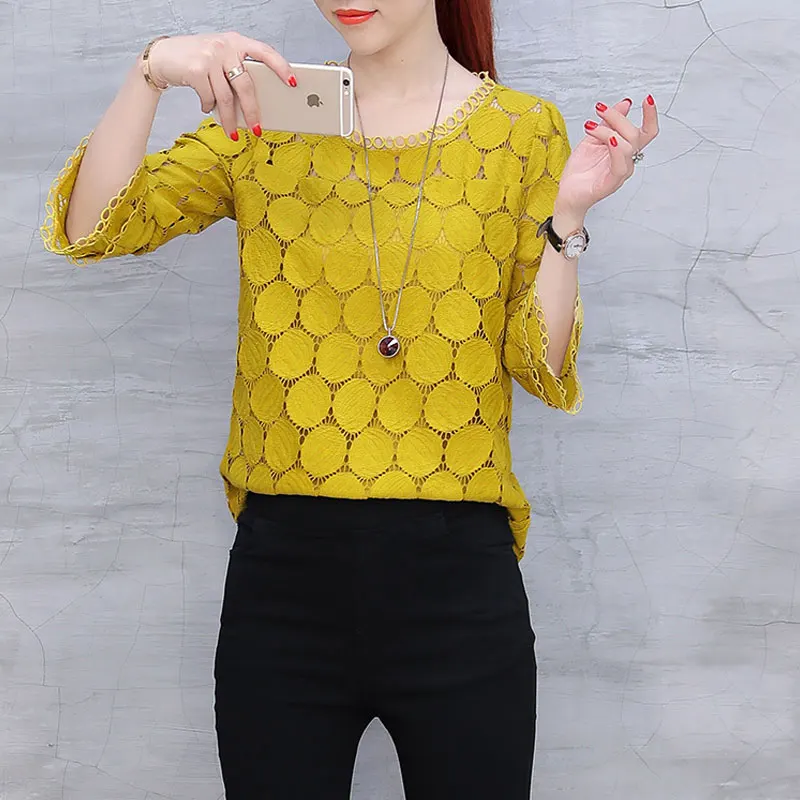 Stylish Polka Dot Spliced Hollow Out Blouse Casual 3/4 Sleeve Women's Clothing Spring Summer New Basic Round Neck Straight Shirt
