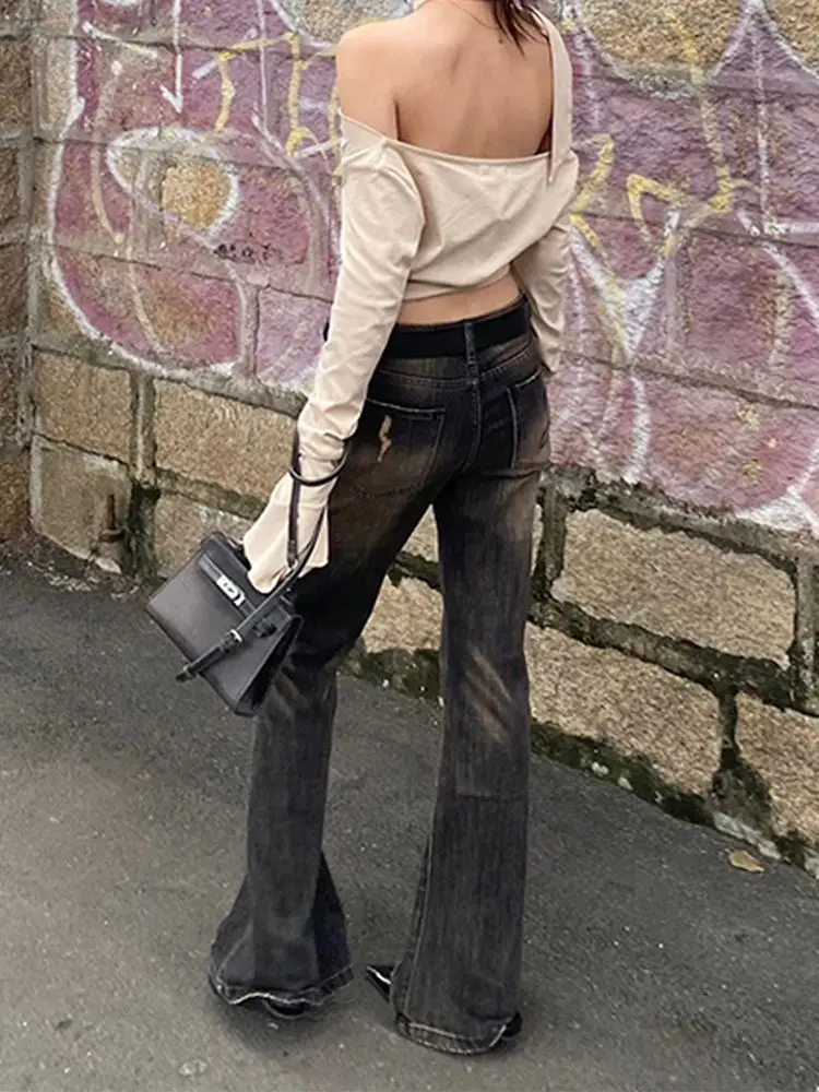 아메리칸 레트로 저층 망가진 리벳 플레어 청바지, 패셔너블 스트리트 와이드 레그 팬츠, Y2k 핫 걸 플로어 모핑 팬츠, 신제품