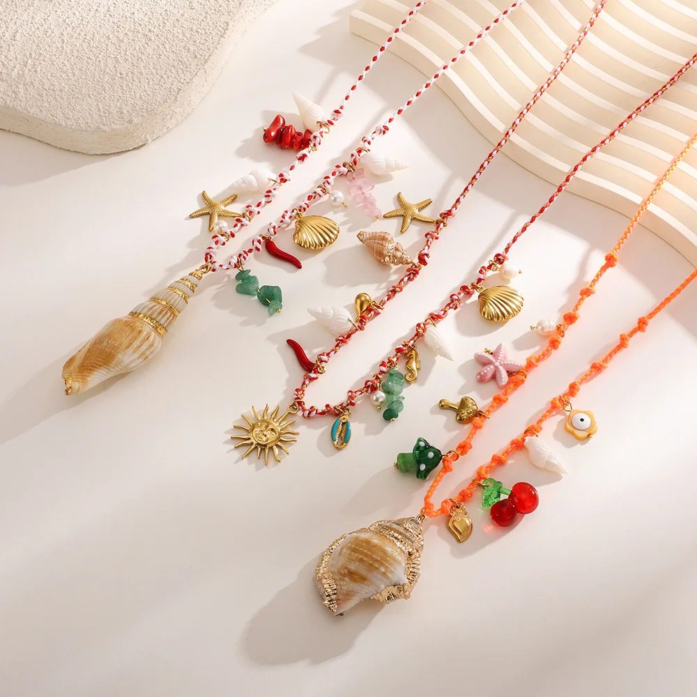 Boho Handmade Colorful Rope Shell Waist Belly Chain for Women Big Conch Starfish Cherry Sun Pendant Beach Bikini Body Jewelry