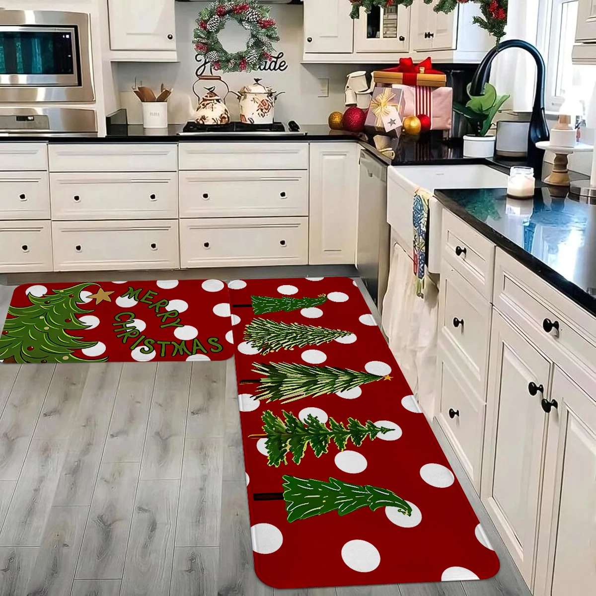 1pc Merry Christmas Kitchen Decoration Carpet Floor Mat Multi Form Christmas Tree Forest Design Anti Slip Soft Flannel Floor Mat_voghion.com
