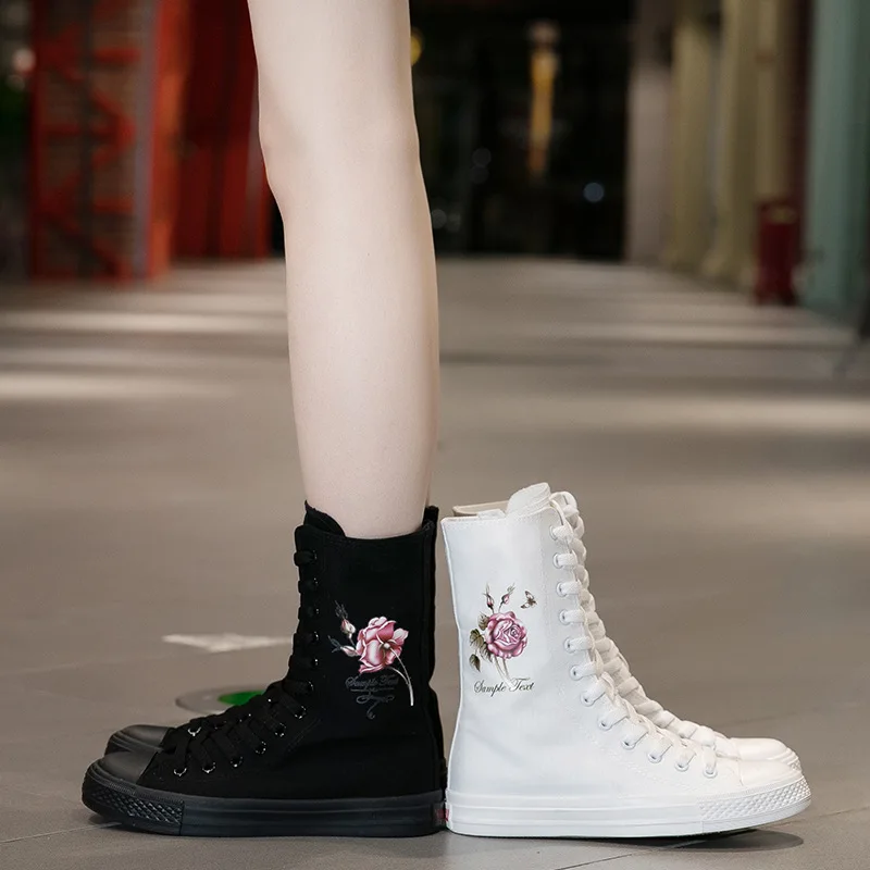 New Women Sneakers Mid Boots Canvas Lace Up Side Zipper Hand