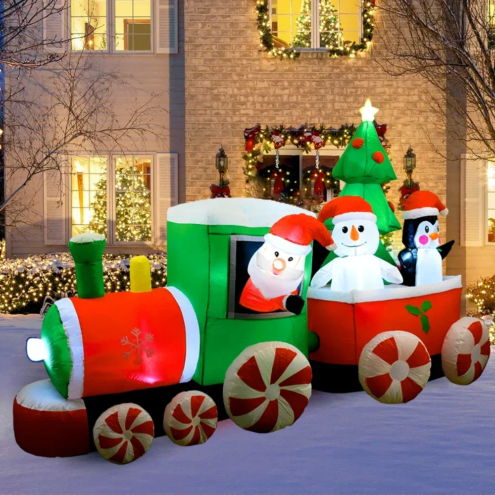 

Длинный Рождественский надувной поезд 8, 8 футов, Санта-Клаус, снеговик, Пингвин с лампочками, Надувное украшение двора, уличное Рождественское украшение