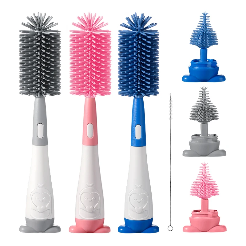 Bottle Brush 3 in 1 Penguin Silicone Baby Bottle Brush Set Stand Hidden Type Nipple & Straw Brush for Bottles Cups Vacuum Flask