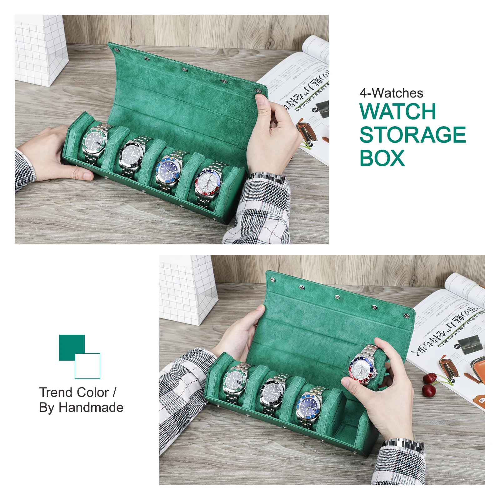 Watch Traval Case Box Organizer 4 Slots Genuine Leather Portable Zipper Watch Case  Bracelet Green Display Box