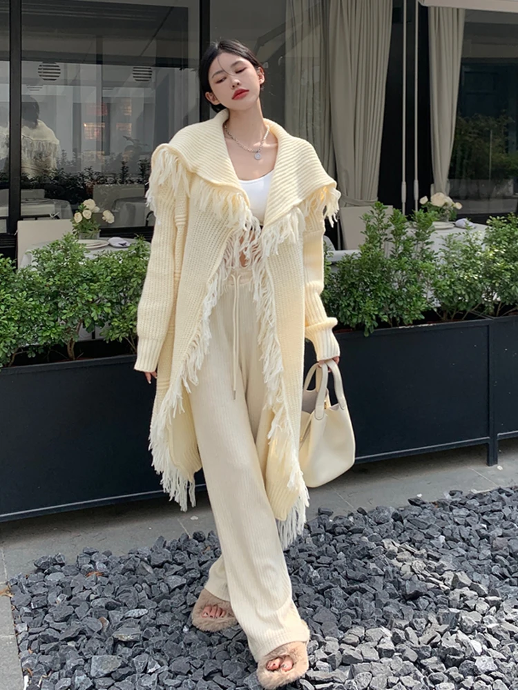 Three Colors Winter High Street Lazy Wind Cardigan Sweater Coats Loose Tassel Long Sweater Outerwear Fairycore For Women 2022 summer korean version of the new daily street lazy casual niche v neck loose sleeveless vest dress