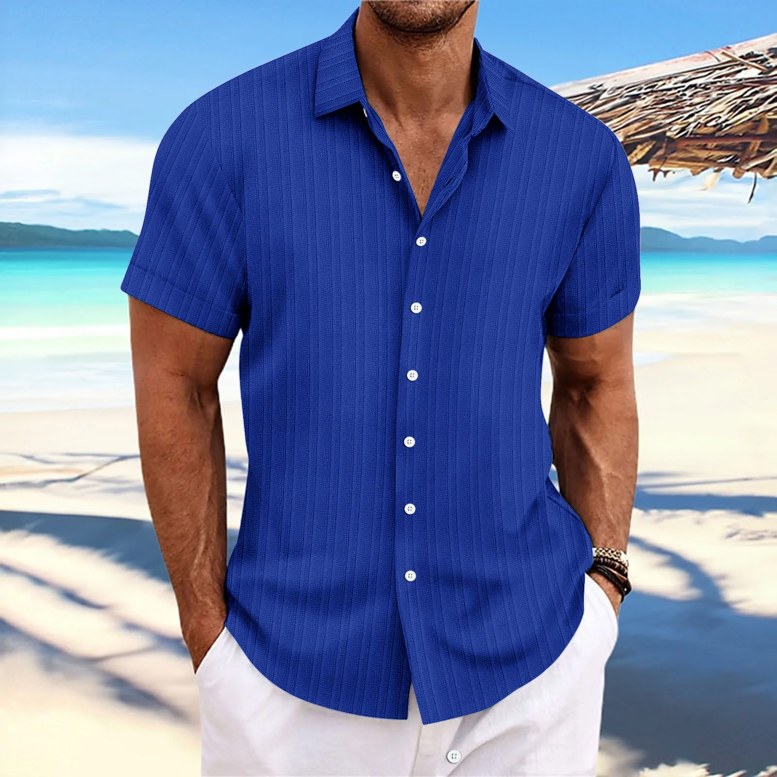 Summer 2024  Men's Loose Casual Trend Solid Color Cardigan Stripe Jacquard short-Sleeved Shirt 5