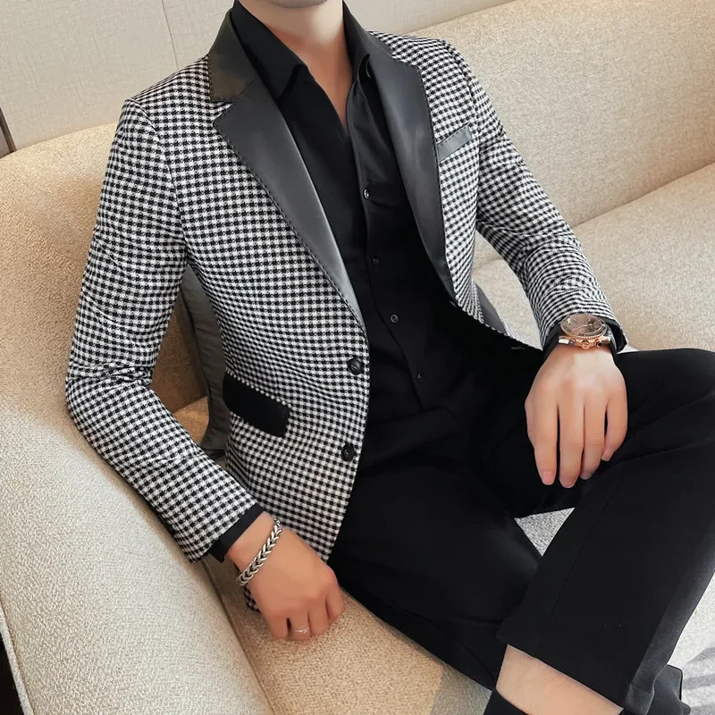 

2024 High Quality Fashion Handsome Trend Boutique Plaid Suit Men's New Spring Slim-fit Single Breasted Collar Splicing Leather