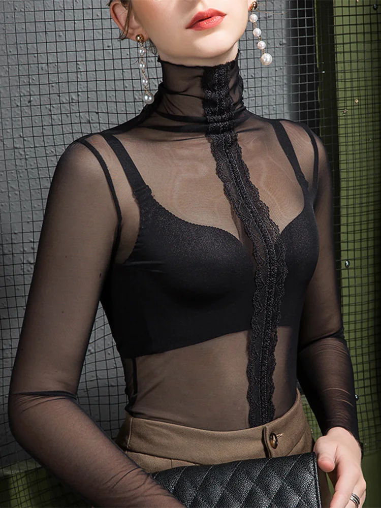 

Winsleter Streetwear Tshirt Long Sleeve Tee Women Sexy Turtleneck Transparent Lace Slim Mesh Tops Autumn Spring T37029JM