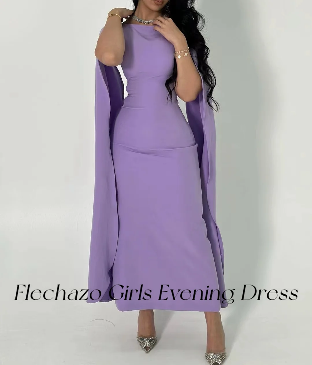 

Flechazo Lavender Saudi Evening Dresses O Neck Long Cape Ankle-Legnth Simple Elegant Party Dress For Women 2024 vestidos de gala