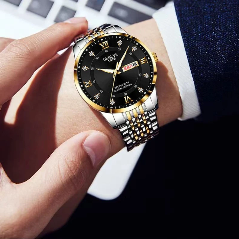 Men's Stainless Steel Luminous Sports Watch with Hidden Buckle and Calendar
