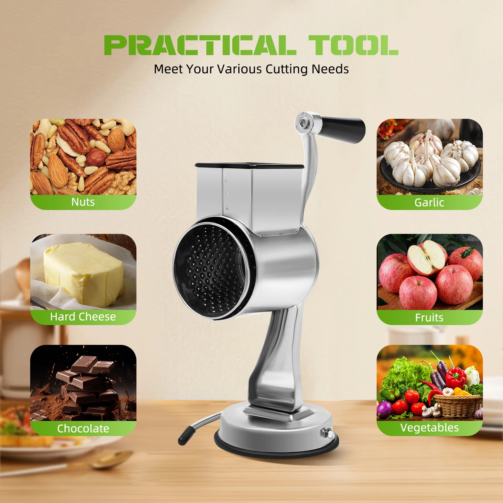 Manual Rotary Grater Drum Cutter Vegetable Slicer Shredder Nuts Mill W/ 5 Blades