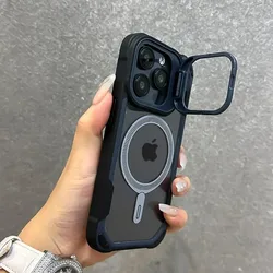 Luxury Contrast Color Magnetic Phone Case with Folding Lens Holder - iPhone 15 Plus (Black)