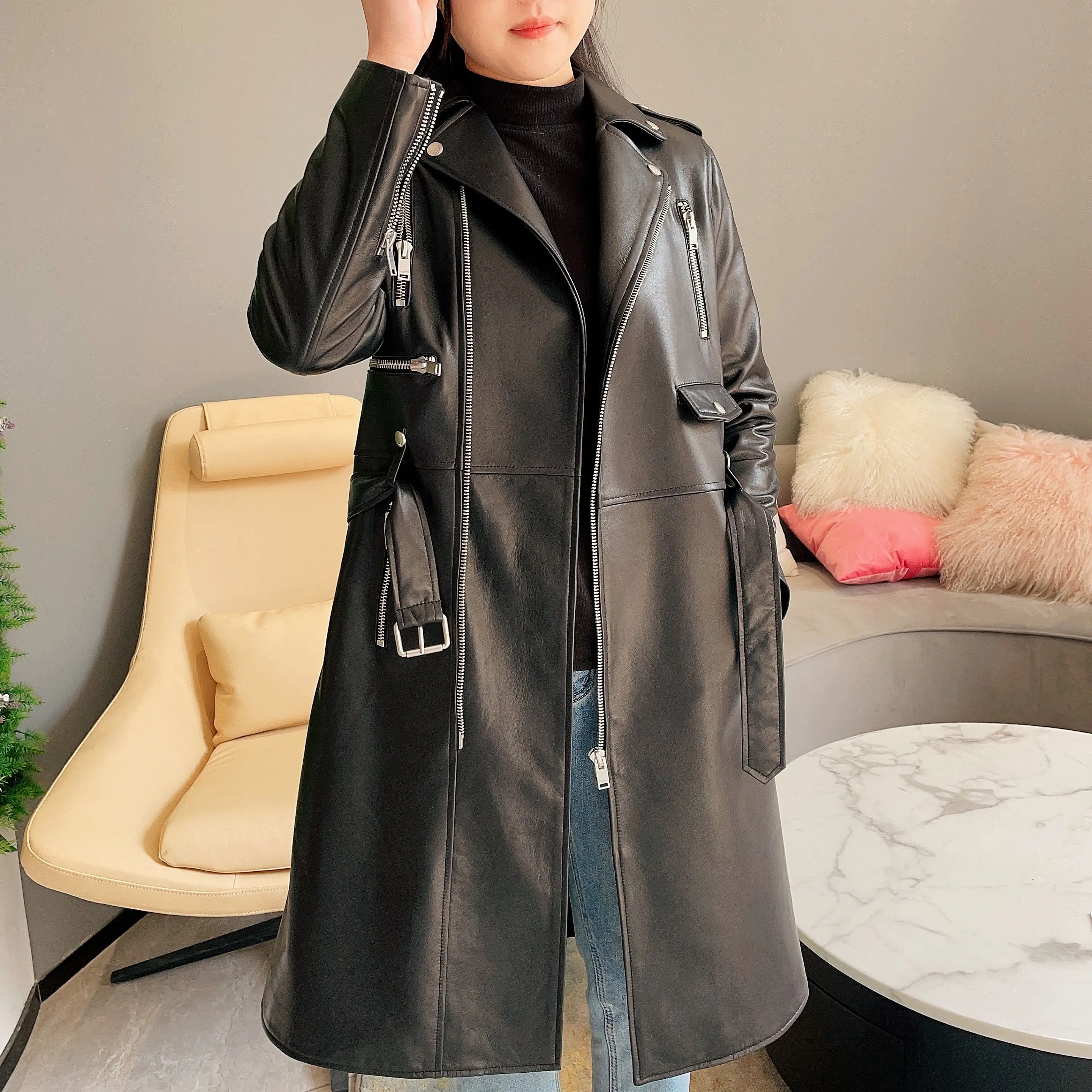 

JANEFUR Women's Leather Jacket Long 2023 Black Real Sheepskin Coat with Belt Chic High Street Ladies Fall Winter Outerwears