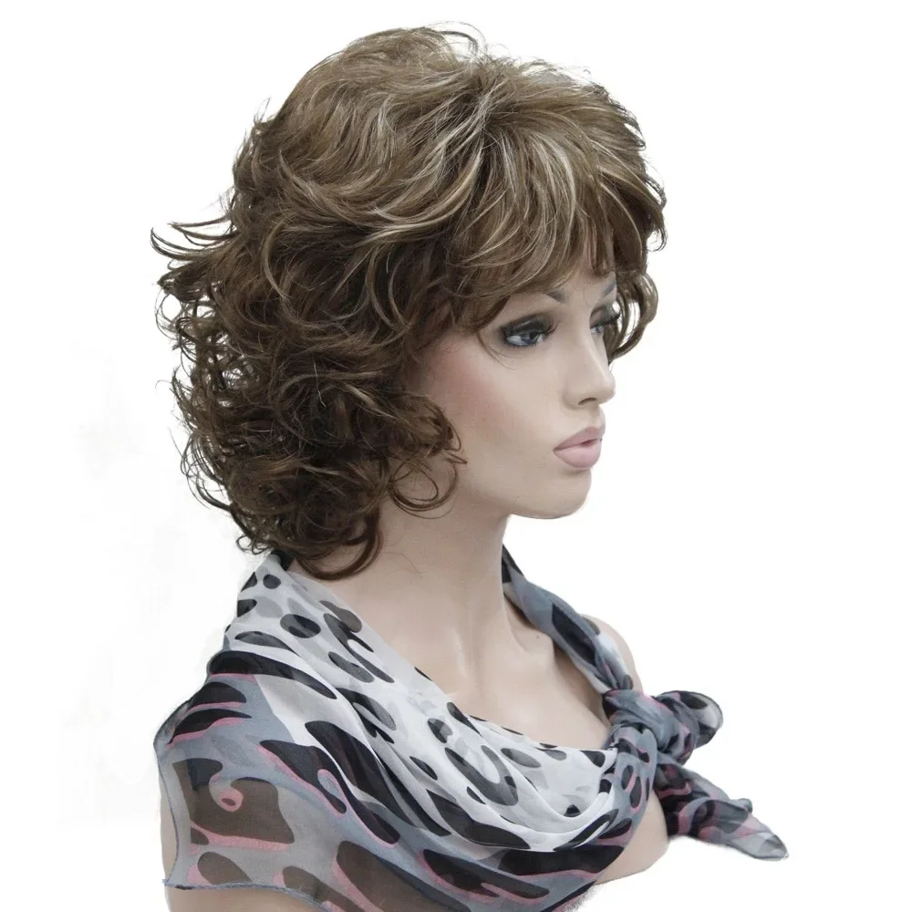 

5Color Women Short Dark Brown & Blonde Curly Natural wig Capless Layered Synthetic Hair Wigs