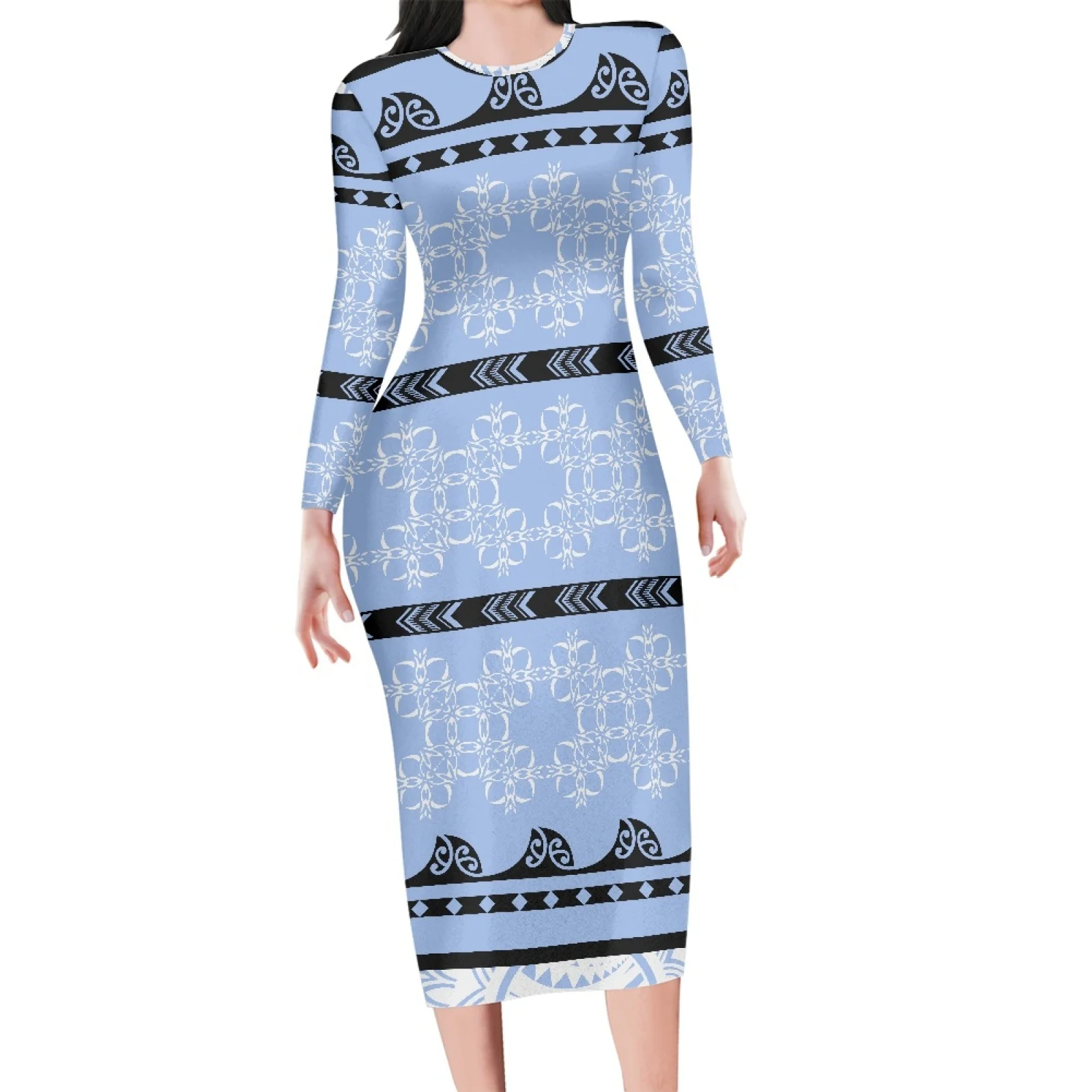 

Женский халат с синим полосатым принтом, халат с круглым вырезом, с длинным рукавом, сексуальные платья для клубной вечеринки, полинезийская племенная Фиджийская тотемная татуировка, элегантный