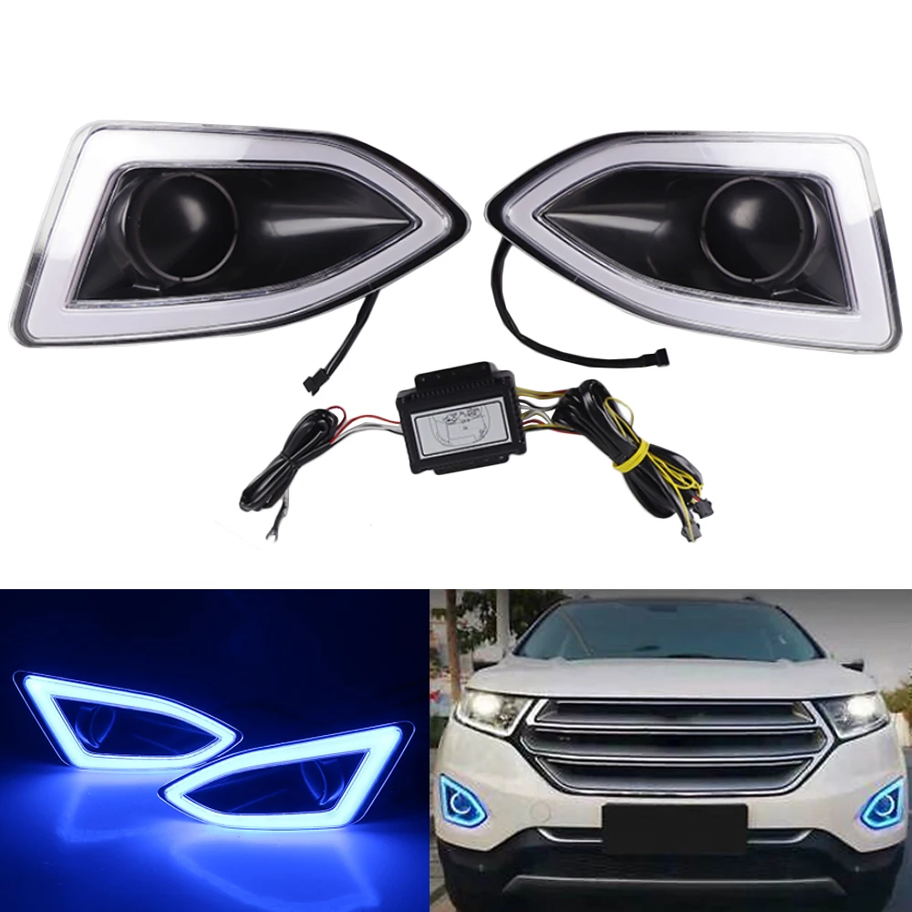 

ABS DRL Fog Lamp Decor LED Daytime Running Lights with White Driving Light+Yellow Turn Signal+Blue Light For Ford Edge 2015-2018