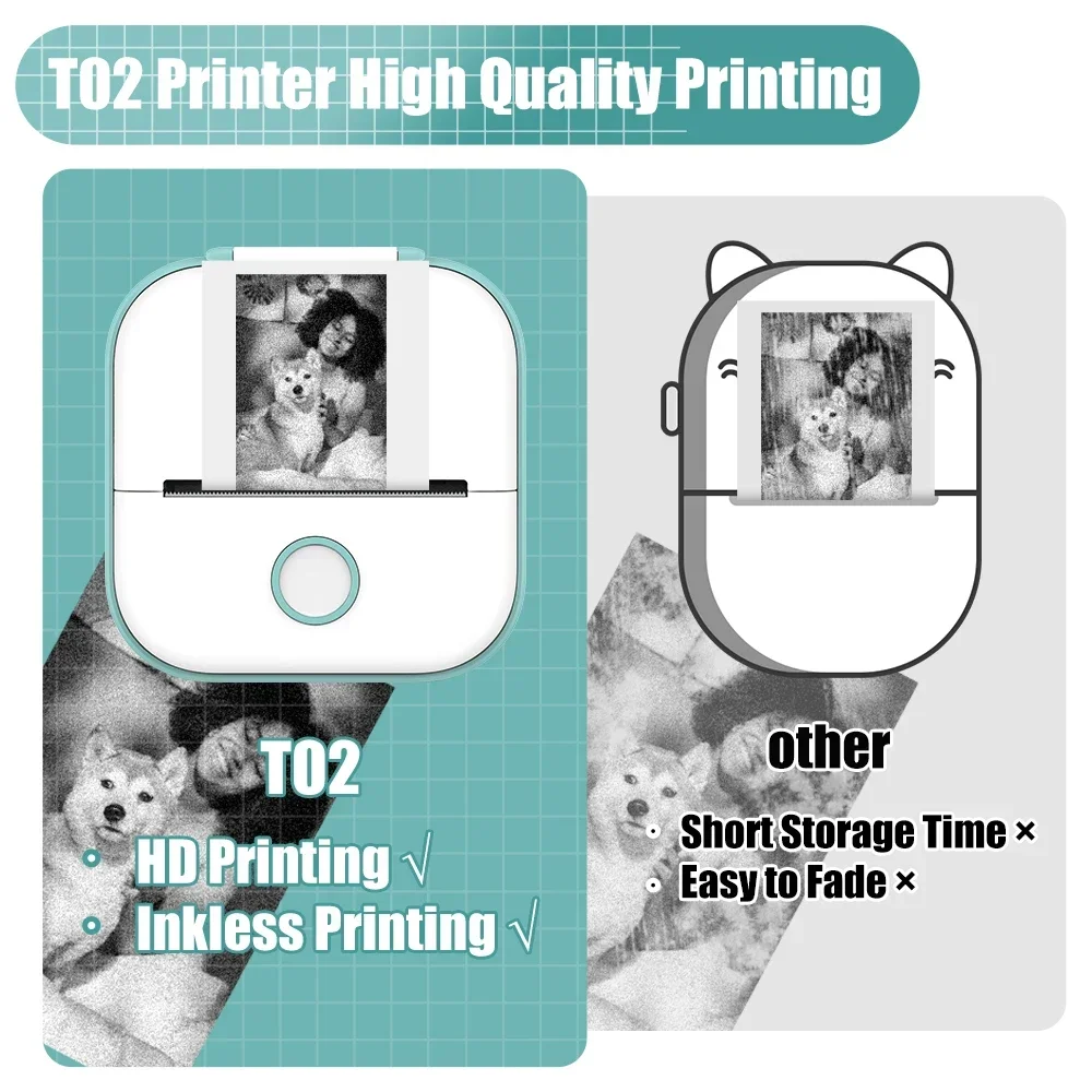 Solid T02 Portable Mini Wireless Thermal Pocket Printer Self-adhesive Stickers Use for DIY Journal Sticker Impresora Port&aacute;til