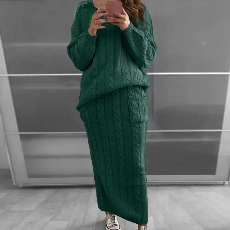 Women Sweater Dress Fall Winter Solid Color Knitted Long Sleeves Round Neck Pockets Casual Two Piece Set Lady Knit Sweater Suits
