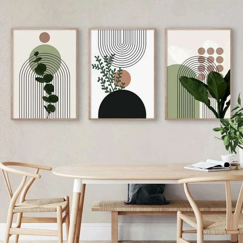 3 Pieces Bohemian Light Frameless Canvas Painting Simple Green Leaves Plant Poster Simple Lines Bedroom Decorative Wall Art 4