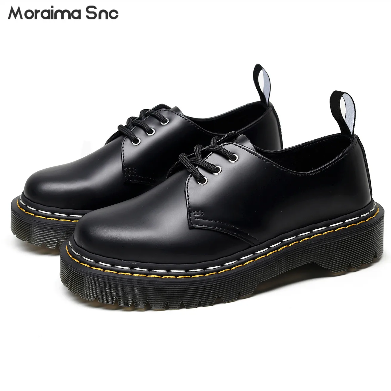 

Black Thick-Soled Lace-Up Leather Shoes Simple Casual Genuine Leather Round-Toe Shoes Double-Line Student Ladies Leather Shoes