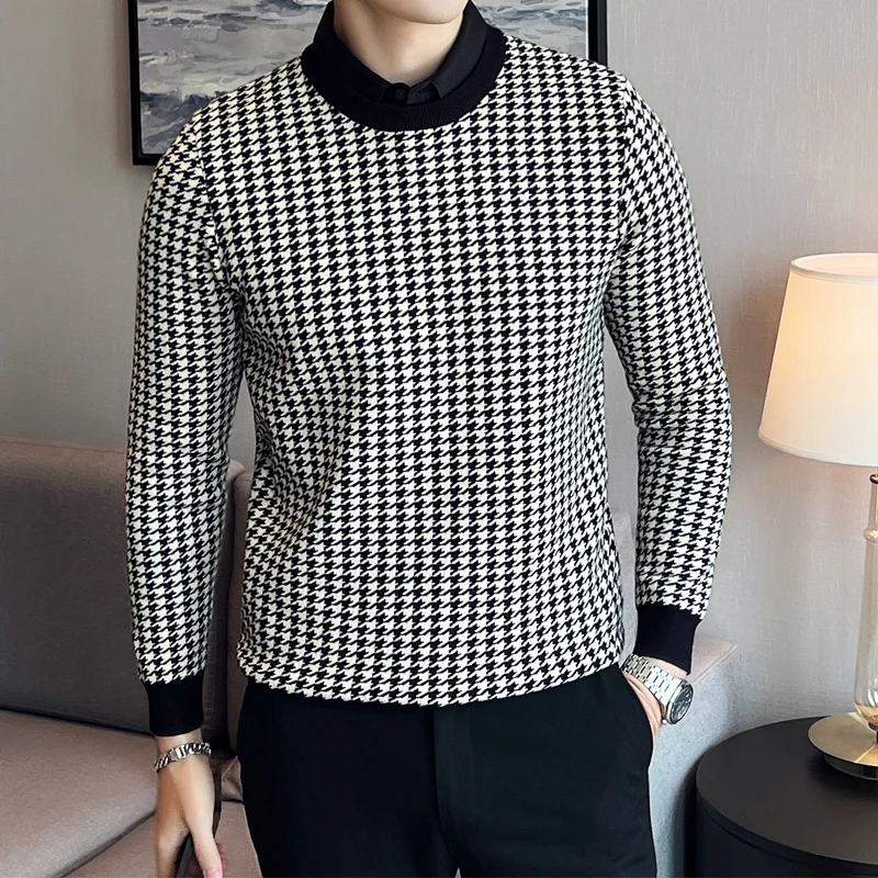 

2023 New Men's Houndstooth Sweater - Soft Knit, Color Contrast, Stretchable, Slim Fit, Perfect for Fashion,Travel,Faux Two-piece