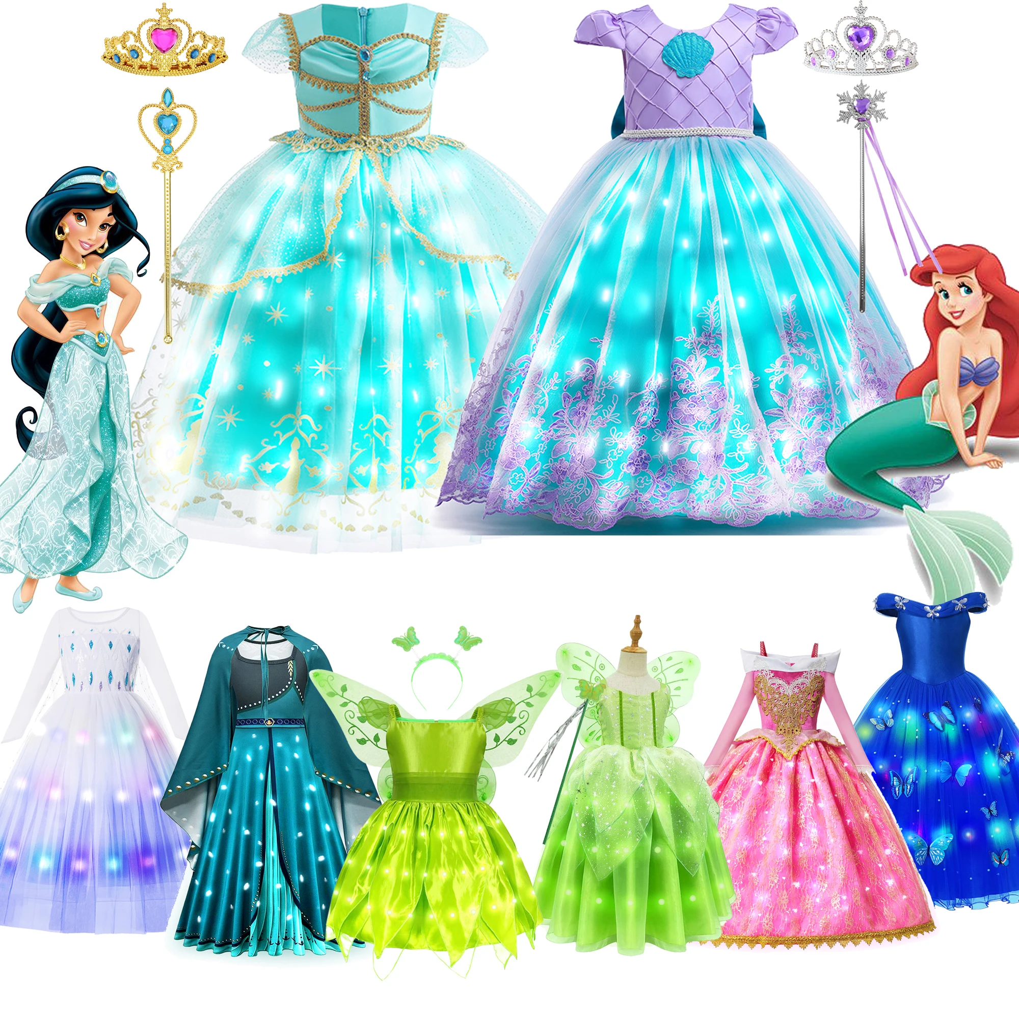 Jasmine Mermaid Ariel LED Light Up Dress for Girls Kids Frozen Princess Elsa Cosplay Tinker Bell Aurora Cinderella Party Clothes