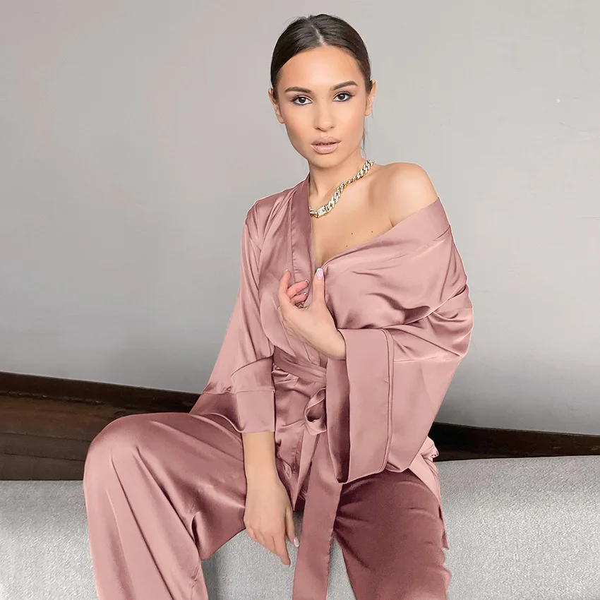 2024 Autumn Satin Satin Cardigan Lace-up Nightgown Pajamas Solid Color Home Suit Loose Women's Pajamas Sleepwear
