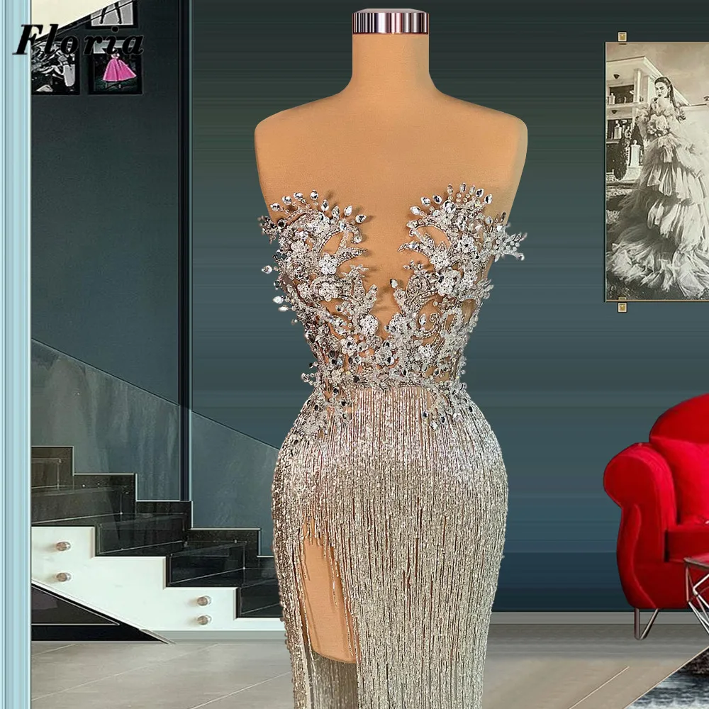 

Индивидуальные вышитые бисером вечерние платья с бахромой сексуальное с Высоким Разрезом Вечернее платье Роскошные Дубаи кутюр Выпускные платья халаты Вечерние