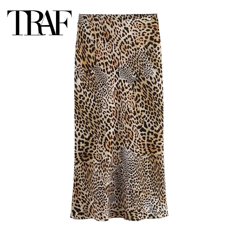

TRAF Women Vintage Midi Satin Skirt Leopard Print High Waist Skirt Woman Fashion Elegant Long Skirts For Women Summer Skirts