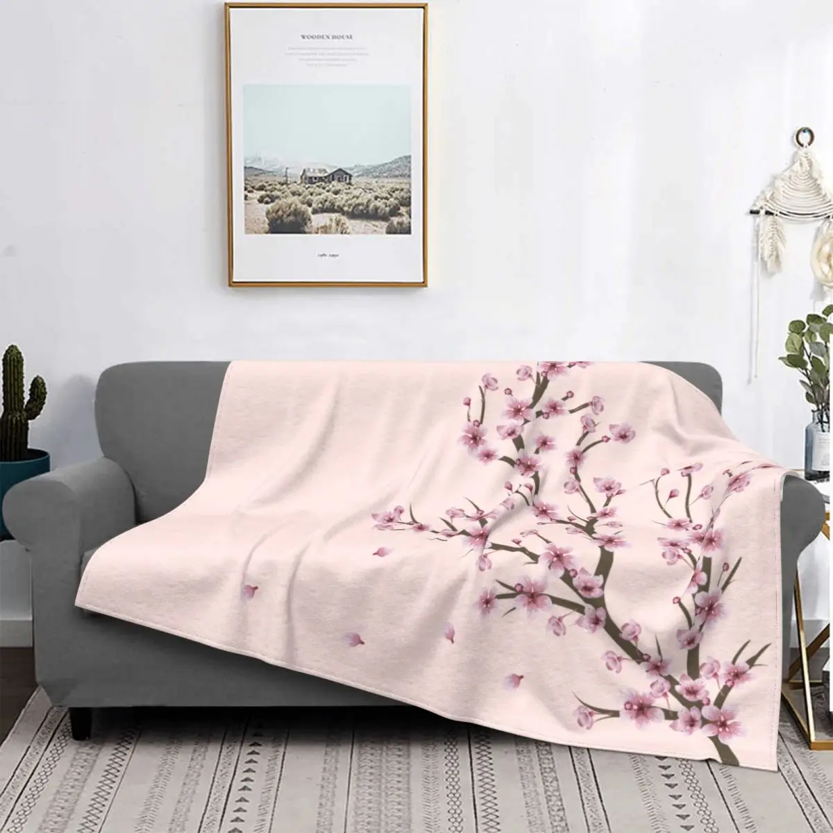 

Fleece Blooming Sakura Branch Throw Blanket Warm Flannel Cherry Blossom Japanese Flower Blankets for Bed Travel Sofa Bedspreads
