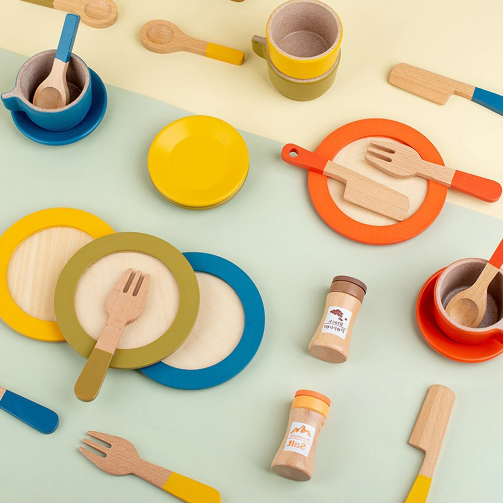 Montessori Wooden Toy Plates Dishes Play Cutlery Plate Set Pretend Play Playset Gift House Wooden Toys Simulation Afternoon