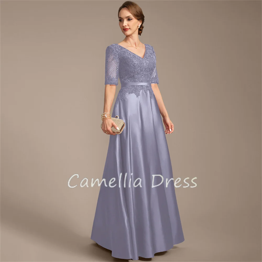 V-Neck Mother Of The Bride Dress Floor-Length Lace Satin A Line With Sequins Formal Dresses Vestidos Mae Da Noiva Casamentos mother bride dresses