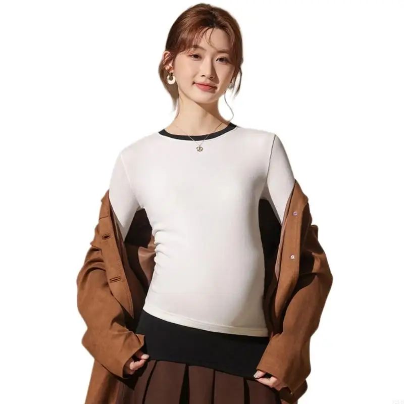 Langärmliges Umstands-T-Shirt aus Baumwoll-Spandex-Mischung, Elastizität und Wärme für schwangere Frauen während der A2UB – Detail 5