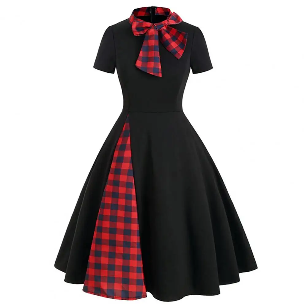 

Vintage Dress Plaid Patchwork Slim Bow Short Sleeve Stand Collar Large Hem Spring Women Formal Dress Party