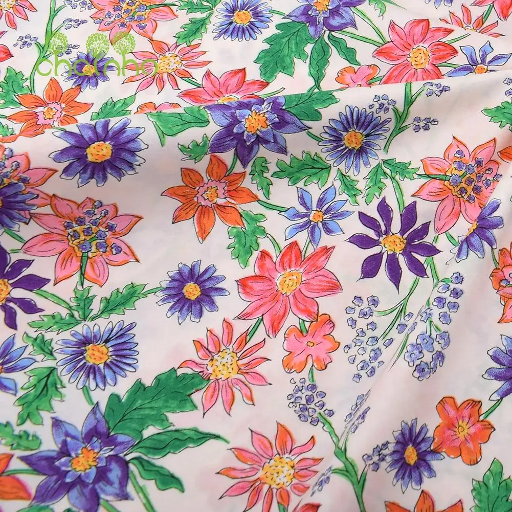 Chainho,Printed Plain Weave Poplin Cotton Fabric,DIY Quilting Sewing Material,Patchwork Cloth,Floral Series,3 Sizes,15PC39