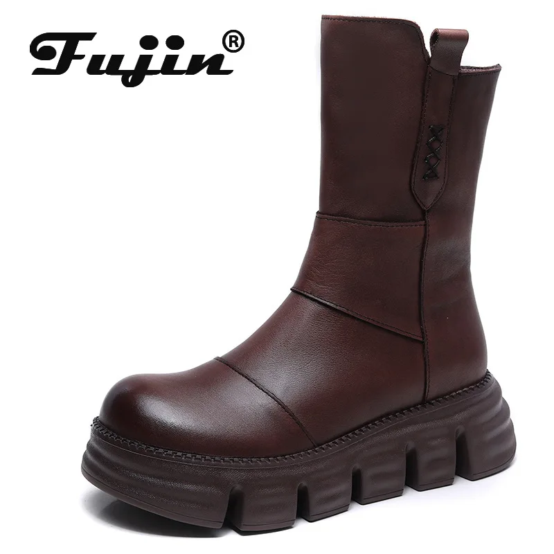

Koznoy 5.5cm Genuine Leather Retro Ethnic Platform Wedge Ankle Mid Calf Motorcycle Booties Woman Moccasins Autumn British Shoes