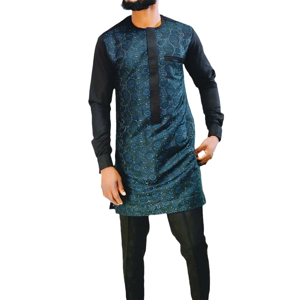 African Ethnic Style Long Sleeved Printed Patchwork Men Suit Muslim Suit Islamic Clothing Tunic Men Arabic Ropa Islamica Hombre