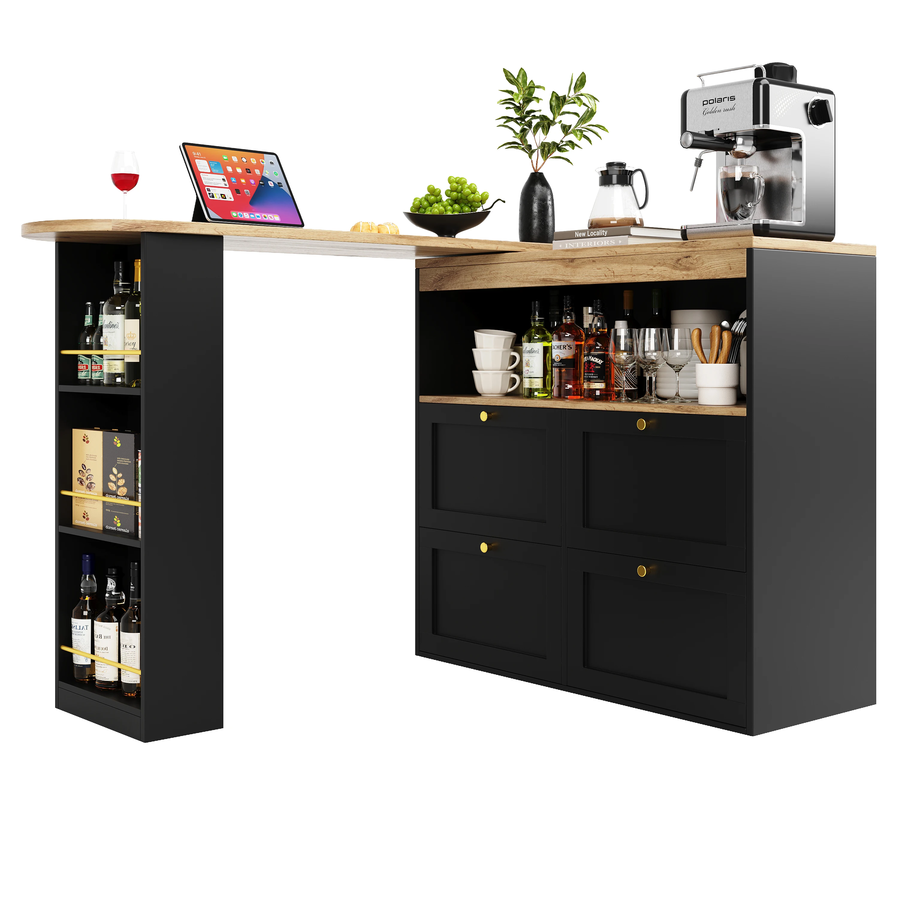 360 ° Drehbarer Bartisch (Hauptkörper 105 x 39 x 102 cm), mit 4 Schubladen und offenen Regalen, geeignet für Esszimmer/Arbeitszimmer/Wohnzimmer – Detail 8