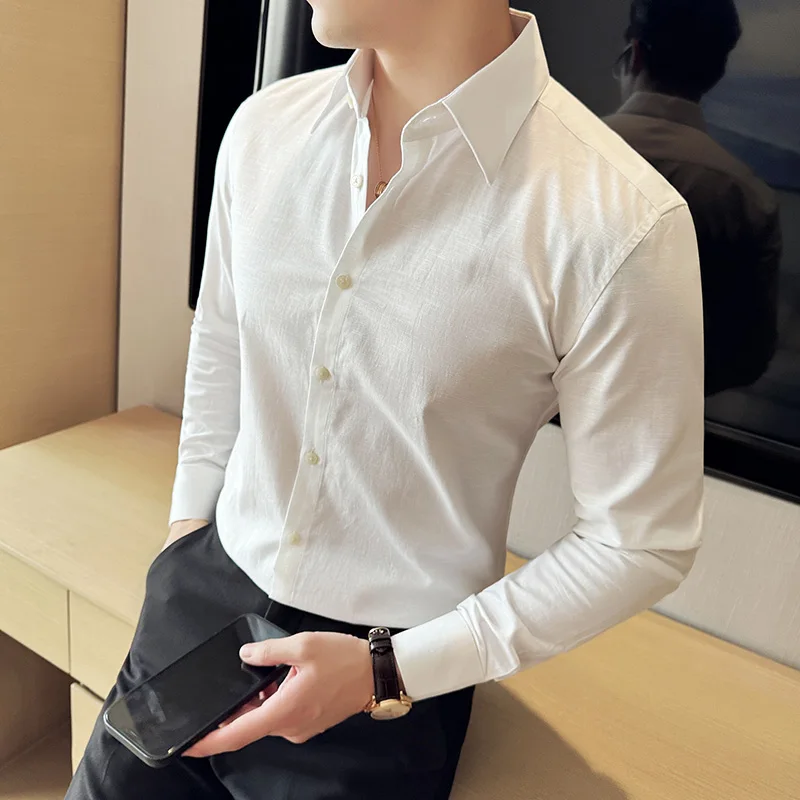 Men Luxury Cotton Linen Shirts Breathable Thin Social Shirt Dress Vintage Slim Fit Plain Color Tuxedo 4XL