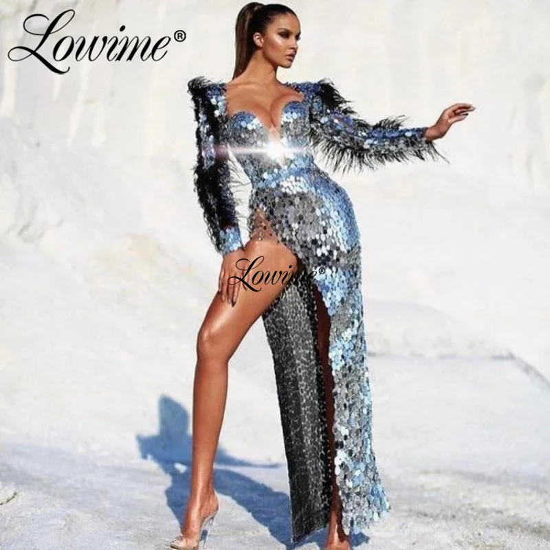 

Lowime Silver Crystals Long Sleeve Evening Dresses 2022 Black Feather Celebrity Dress For Women High Split Side Sexy Party Dress