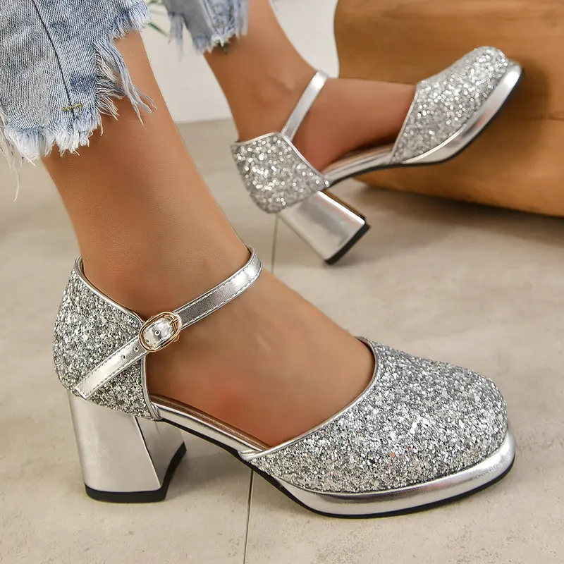 

Golden Silver Glitter Bling Shiny Ladies Party Wedding Shoes Summer Mary Janes Square High Heels Big Size 46 47 48 Women Sandals