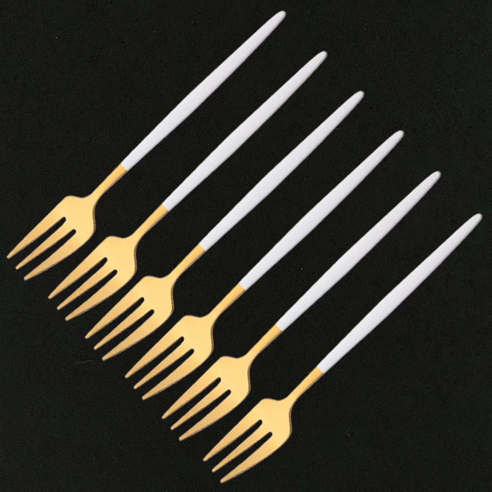 6pcs Dinnerware Set White Gold Cake Fruit Forks Cutlery Set Stainless Steel Flatware Mirror Home Snack Salad Fork Tableware